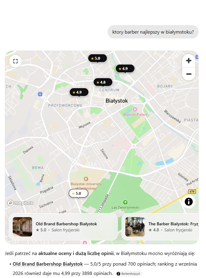 Odpowiedź ChatGPT na pytanie który barber najlepszy w Białymstoku: mapa z ocenami i Old Brand Barbershop na pierwszym miejscu, 5,0 przy ponad 700 opiniach