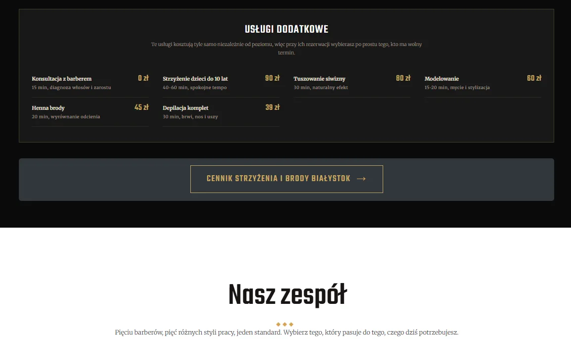 oldbrandbarbershop.pl: tabela usług dodatkowych z cenami i czasem trwania, przycisk do pełnego cennika strzyżenia i brody oraz początek sekcji o zespole