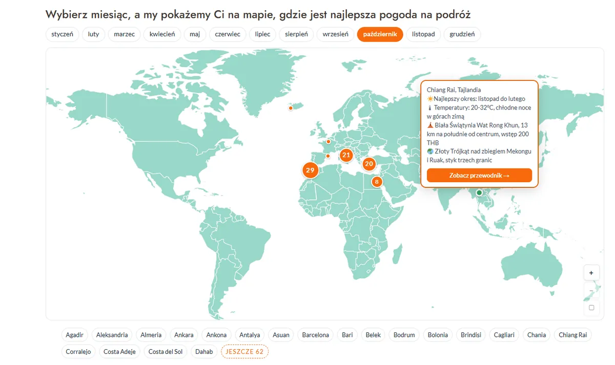 smartwakacje.pl: mapa świata z zaznaczonymi kierunkami na październik i boxem informacyjnym o Chiang Rai w Tajlandii