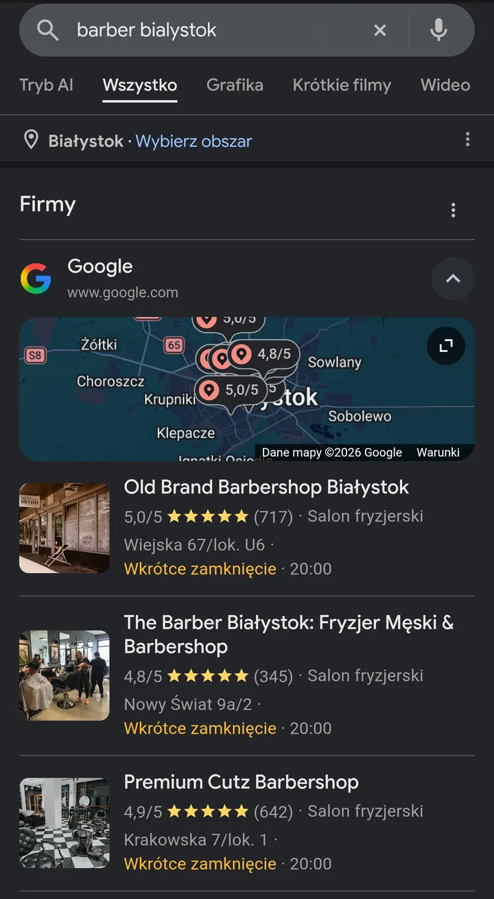 Wyniki Map Google dla zapytania barber białystok z telefonu w Białymstoku, Old Brand Barbershop Białystok na pierwszym miejscu