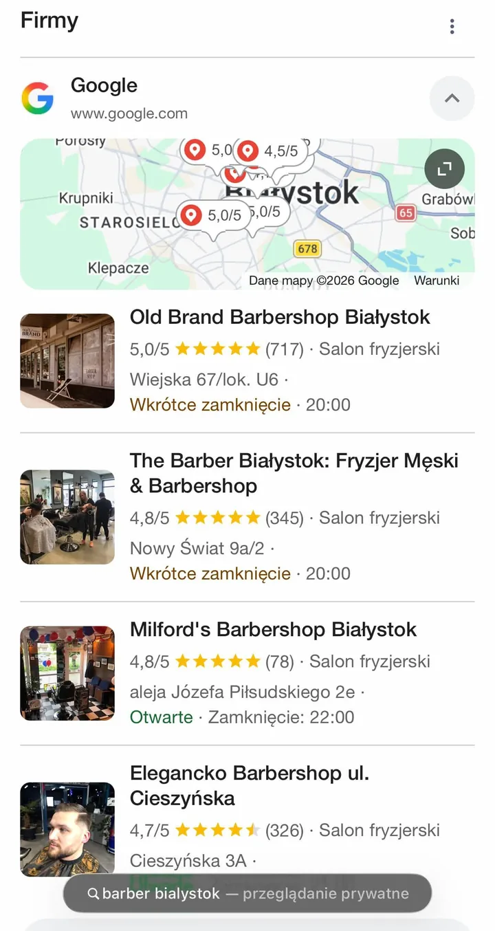 Wyniki Map Google dla zapytania barber białystok z telefonu w Pruszkowie, Old Brand Barbershop Białystok na pierwszym miejscu